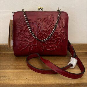 Patricia Nash Ruby Red Leather Burnish Rose Tooled Amari Clutch Crossbody New